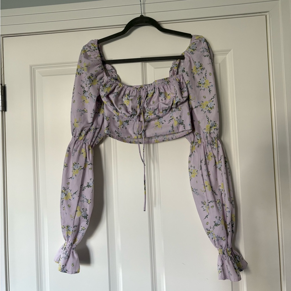 Princess Polly Lavender Puff Sleeve Floral Drawstring Crop Top Size 4